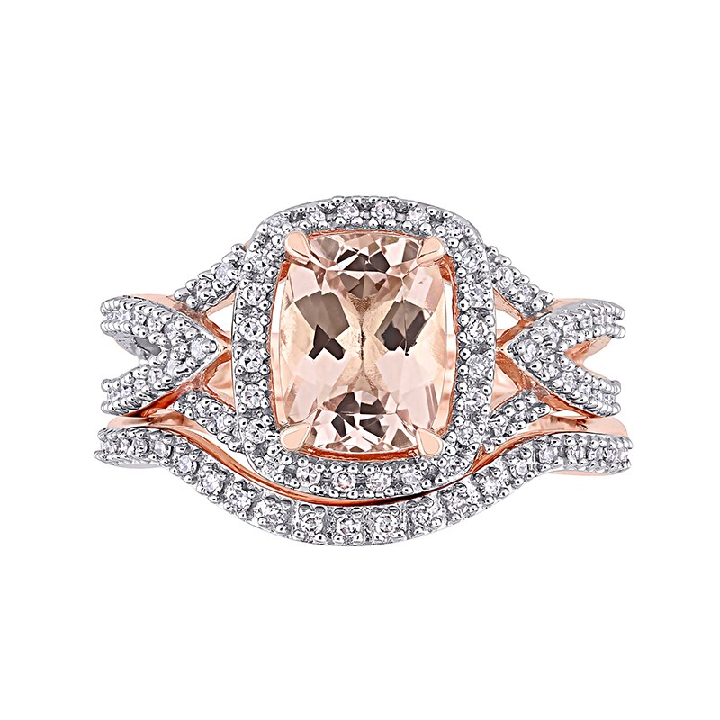 Main Image 4 of Previously Owned - Cushion-Cut Morganite and 1/4 CT. T.W. Diamond Frame Bridal Set in 10K Rose Gold
