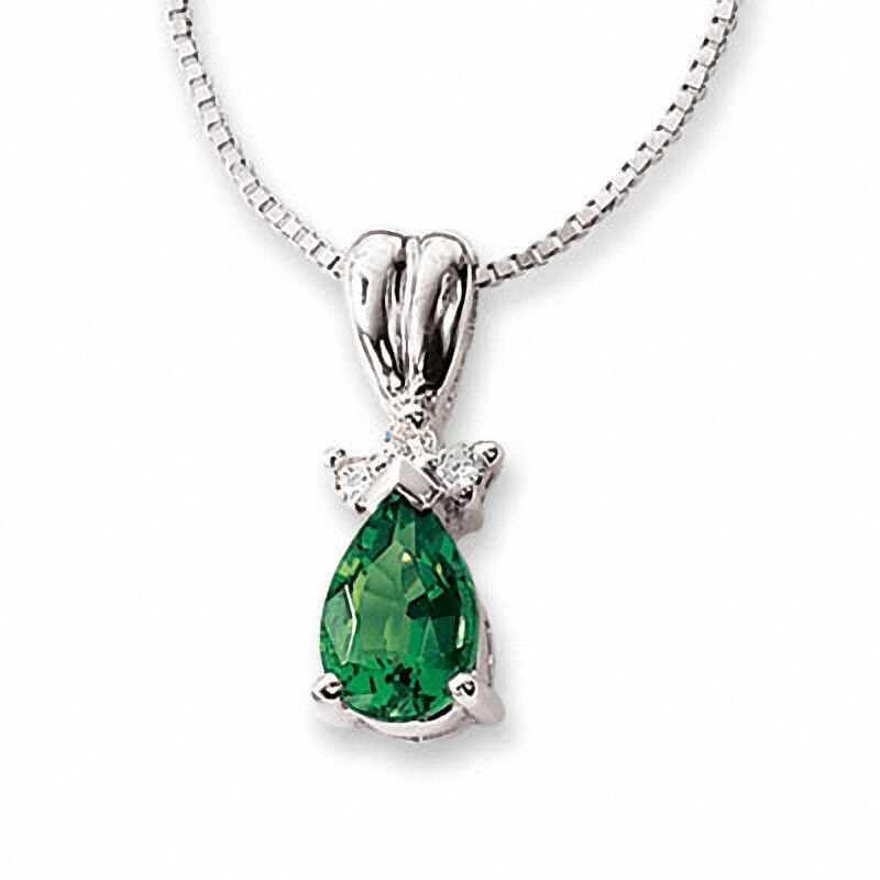 Main Image 1 of Previously Owned - Lab-Created Emerald Pendant in 14K White Gold with Diamond Accents