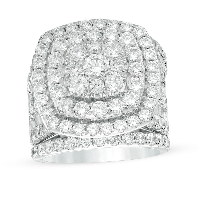 Main Image 1 of Previously Owned - 6 CT. T.W. Diamond Double Cushion Frame Multi-Row Three Piece Bridal Set in 14K White Gold