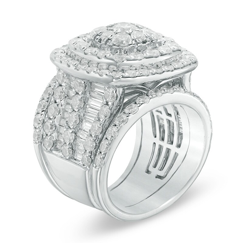 Main Image 2 of Previously Owned - 6 CT. T.W. Diamond Double Cushion Frame Multi-Row Three Piece Bridal Set in 14K White Gold