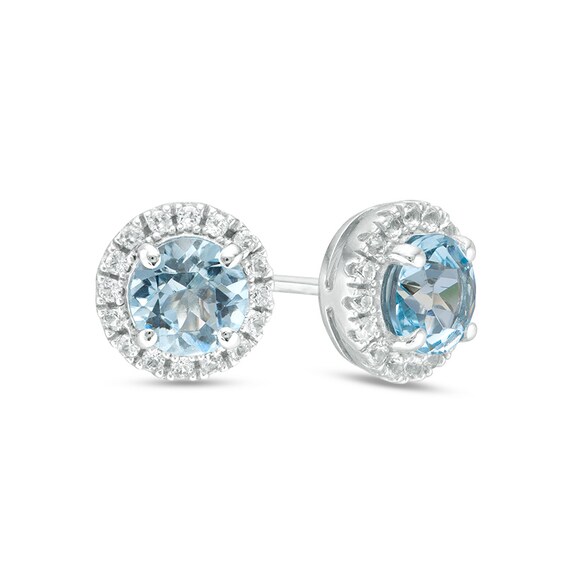 Previously Owned - 5.0mm Aquamarine and Lab-Created White Sapphire Frame Stud Earrings in 10K White Gold