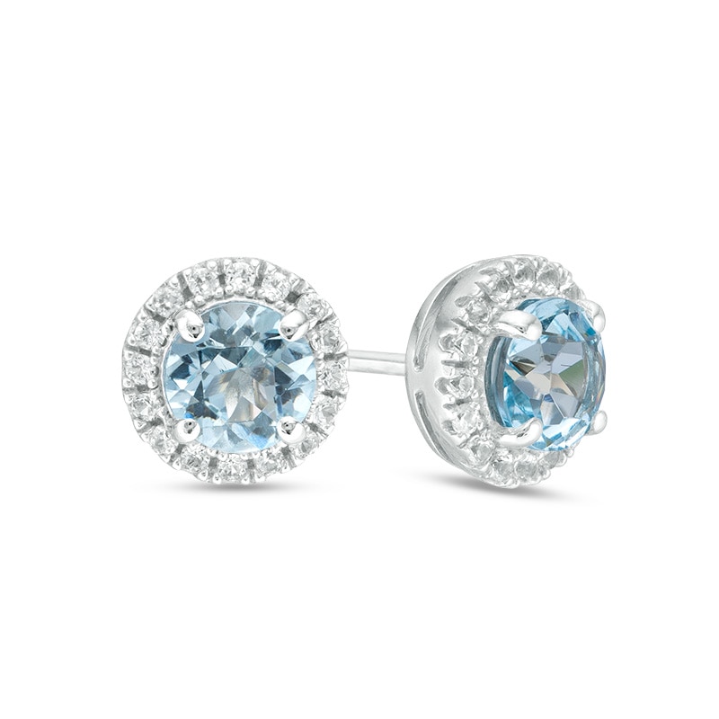Main Image 1 of Previously Owned - 5.0mm Aquamarine and Lab-Created White Sapphire Frame Stud Earrings in 10K White Gold