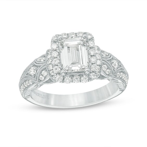 Previously Owned - Vera Wang Love Collection 1-1/2 CT. T.w. Emerald-Cut Diamond Frame Engagement Ring in 14K White Gold