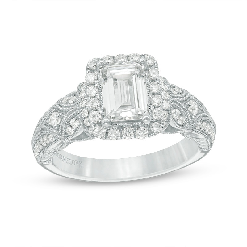 Main Image 1 of Previously Owned - Vera Wang Love Collection 1-1/2 CT. T.W. Emerald-Cut Diamond Frame Engagement Ring in 14K White Gold