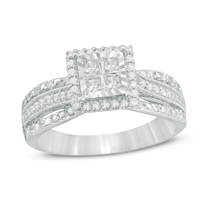 Main Image 1 of Previously Owned - 1/2 CT. T.W. Quad Princess-Cut Diamond Frame Vintage-Style Engagement Ring in 10K White Gold