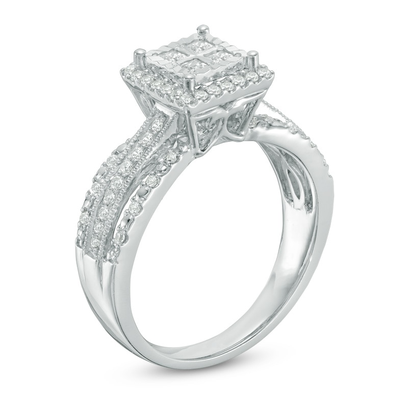 Main Image 2 of Previously Owned - 1/2 CT. T.W. Quad Princess-Cut Diamond Frame Vintage-Style Engagement Ring in 10K White Gold