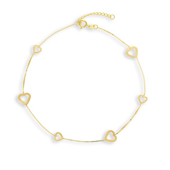 Previously Owned - Heart Outline Station Anklet in 14K Gold - 10"