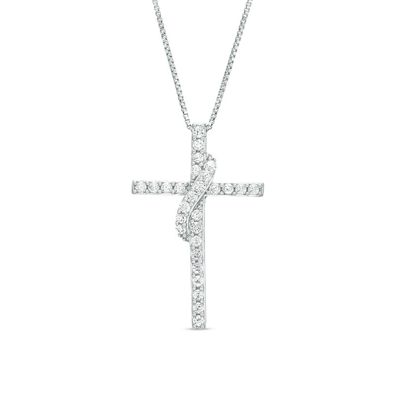 Main Image 1 of Previously Owned - 1/2 CT. T.W. Diamond Cross with Sash Pendant in 10K White Gold