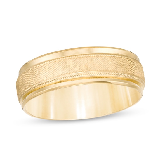 Previously Owned - 7.0mm Multi-Finish center Stripe Beveled Edge Comfort-Fit Wedding Band in 10K Gold