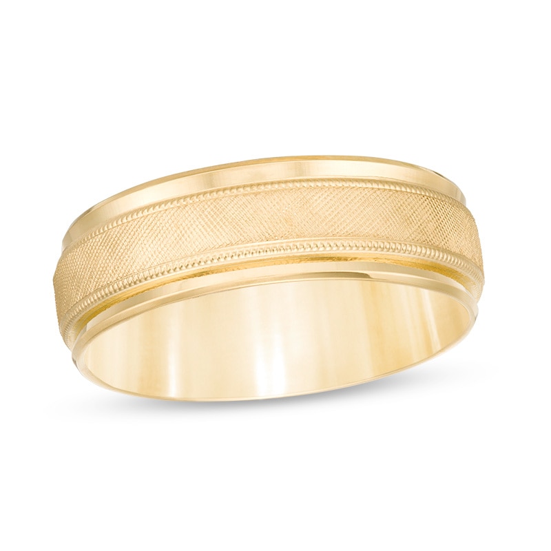 Main Image 1 of Previously Owned - 7.0mm Multi-Finish center Stripe Beveled Edge Comfort-Fit Wedding Band in 10K Gold
