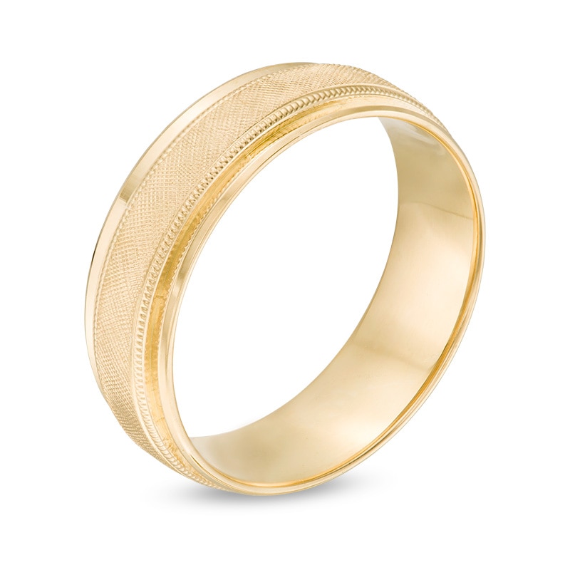 Main Image 3 of Previously Owned - 7.0mm Multi-Finish center Stripe Beveled Edge Comfort-Fit Wedding Band in 10K Gold