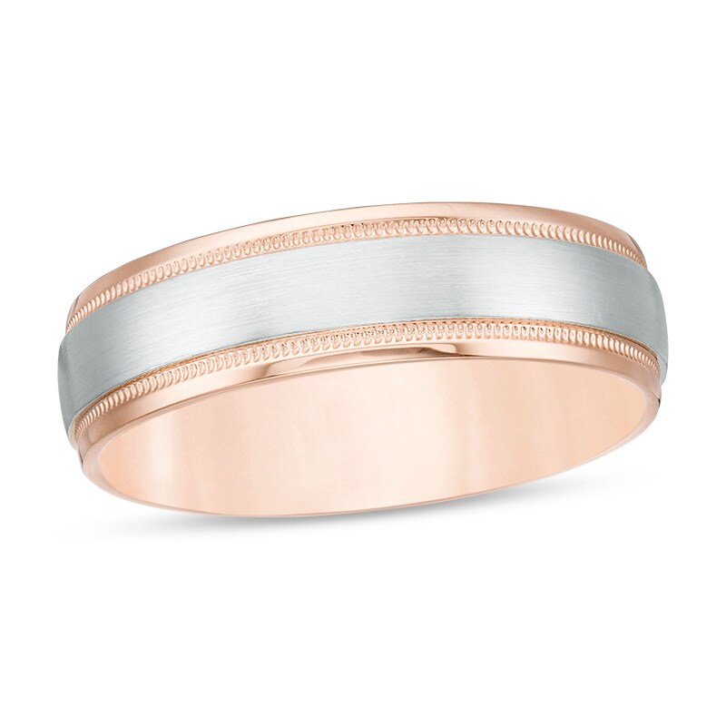 Main Image 1 of Previously Owned - 6.0mm Multi-Finish center Stripe Milgrain Comfort-Fit Wedding Band in 10K Two-Tone Gold