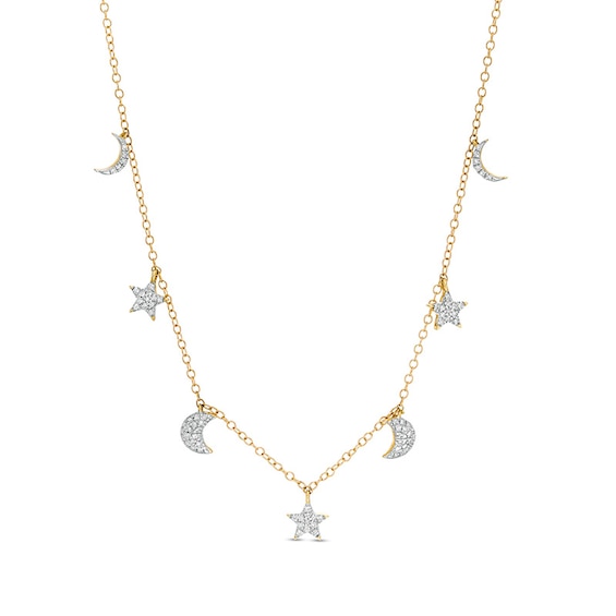 Previously Owned - 1/6 CT. T.w. Diamond Crescent Moon and Star Station Necklace in 10K Gold - 19"