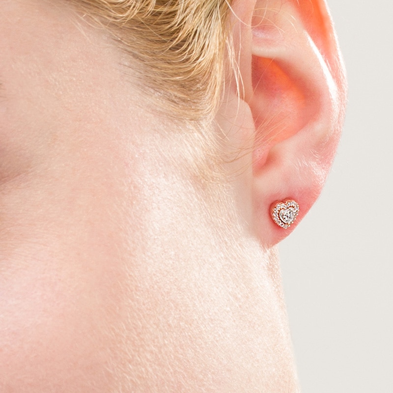 Main Image 2 of Previously Owned - 1/8 CT. T.W. Diamond Heart Frame Stud Earrings in 10K Rose Gold