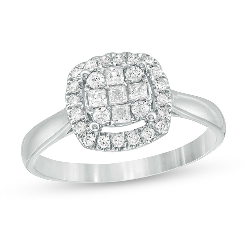 Main Image 1 of Previously Owned - 1/2 CT. T.W. Princess-Cut Diamond Cushion Frame Ring in 10K White Gold