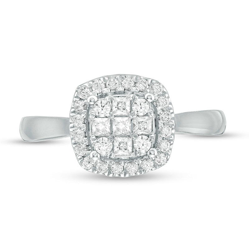 Main Image 4 of Previously Owned - 1/2 CT. T.W. Princess-Cut Diamond Cushion Frame Ring in 10K White Gold