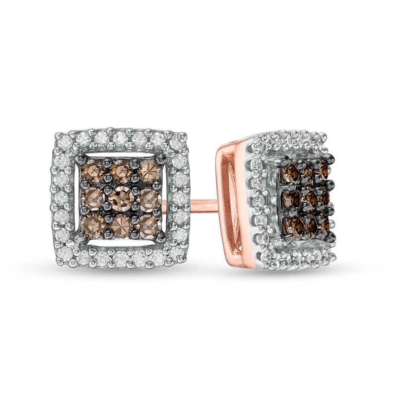 Main Image 1 of Previously Owned - 1/3 CT. T.W. Champagne and White Composite Diamond Square Frame Stud Earrings in 10K Rose Gold