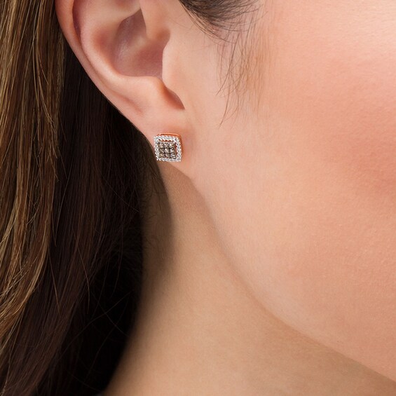 Previously Owned - 1/3 CT. T.w. Champagne and White Composite Diamond Square Frame Stud Earrings in 10K Rose Gold