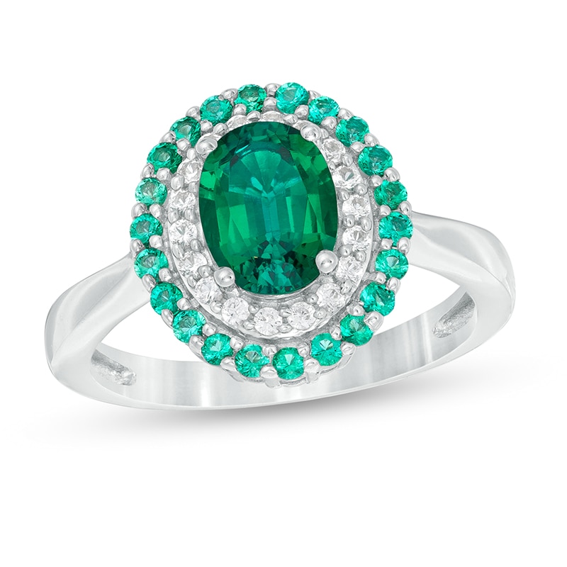 Main Image 1 of Previously Owned - Oval Lab-Created Emerald and White Sapphire Double Frame Ring in Sterling Silver