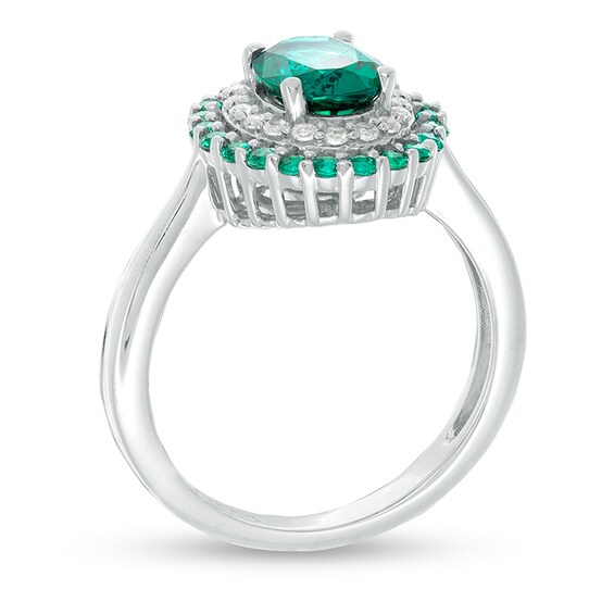 Previously Owned - Oval Lab-Created Emerald and White Sapphire Double Frame Ring in Sterling Silver