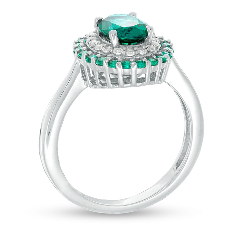 Main Image 3 of Previously Owned - Oval Lab-Created Emerald and White Sapphire Double Frame Ring in Sterling Silver
