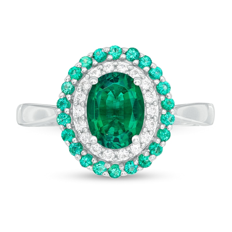 Main Image 4 of Previously Owned - Oval Lab-Created Emerald and White Sapphire Double Frame Ring in Sterling Silver