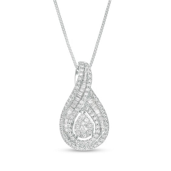 Previously Owned - 3/4 CT. T.w. Baguette and Round Diamond Teardrop Frame Pendant in 10K White Gold