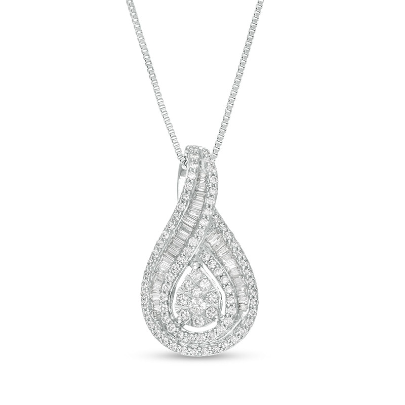 Main Image 1 of Previously Owned - 3/4 CT. T.W. Baguette and Round Diamond Teardrop Frame Pendant in 10K White Gold