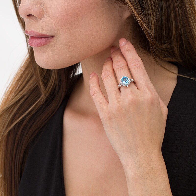Main Image 2 of Previously Owned - Oval Swiss Blue Topaz and Lab-Created White Sapphire Flower Petal Frame Ring in Sterling Silver