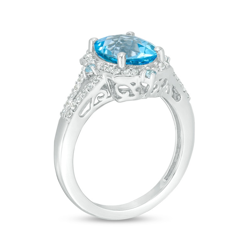 Main Image 3 of Previously Owned - Oval Swiss Blue Topaz and Lab-Created White Sapphire Flower Petal Frame Ring in Sterling Silver