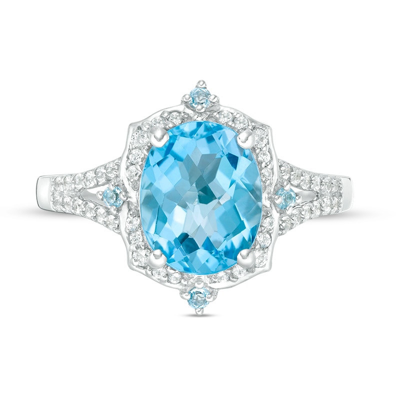 Main Image 4 of Previously Owned - Oval Swiss Blue Topaz and Lab-Created White Sapphire Flower Petal Frame Ring in Sterling Silver