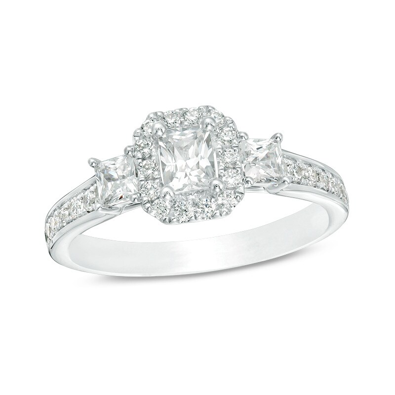 Main Image 1 of Previously Owned - 1 CT. T.W. Emerald-Cut Diamond Past Present Future® Frame Engagement Ring in 14K White Gold