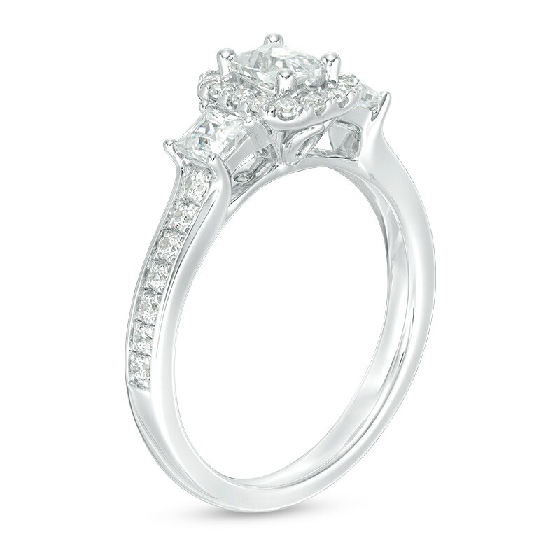 Main Image 2 of Previously Owned - 1 CT. T.W. Emerald-Cut Diamond Past Present Future® Frame Engagement Ring in 14K White Gold