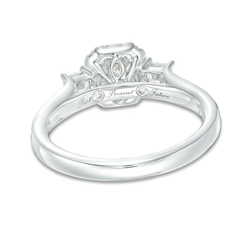 Main Image 3 of Previously Owned - 1 CT. T.W. Emerald-Cut Diamond Past Present Future® Frame Engagement Ring in 14K White Gold