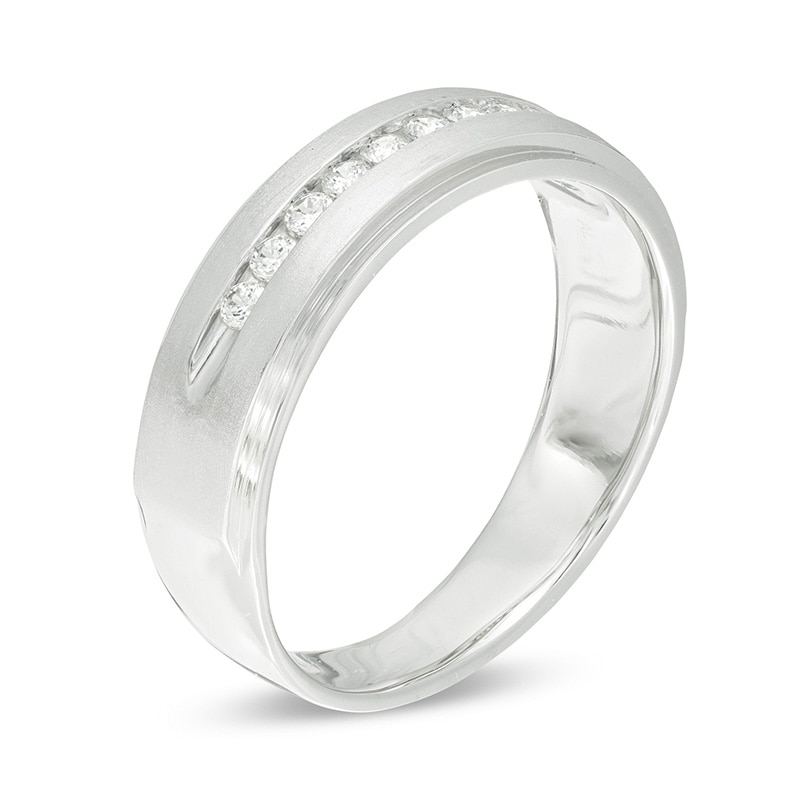 Main Image 3 of Previously Owned - 1/4 CT. T.W. Diamond Satin Wedding Band in 10K White Gold