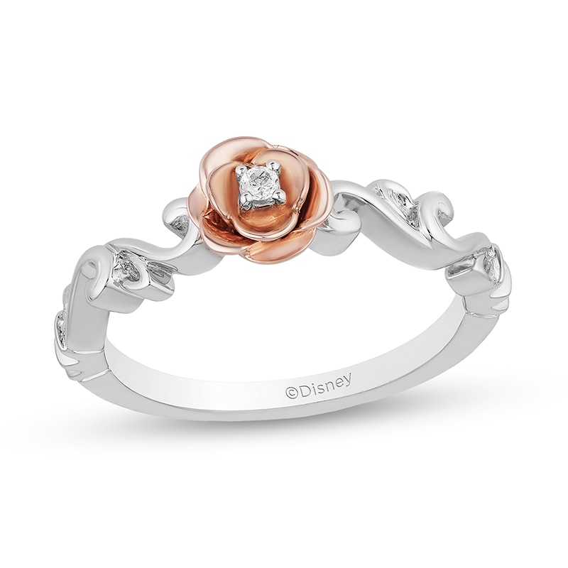 Main Image 1 of Previously Owned - Enchanted Disney Belle Diamond Accent Solitaire Rose Scrolled Promise Ring in 10K Two-Tone Gold