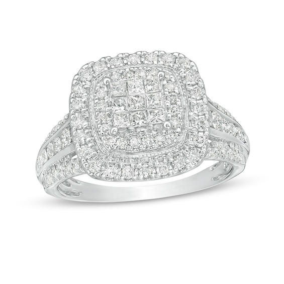 Previously Owned - 1 CT. T.w. Princess-Cut Composite Diamond Double Cushion Frame Engagement Ring in 10K White Gold