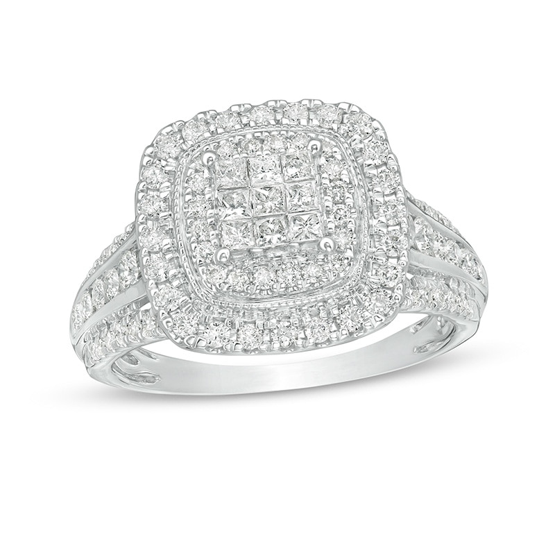 Main Image 1 of Previously Owned - 1 CT. T.W. Princess-Cut Composite Diamond Double Cushion Frame Engagement Ring in 10K White Gold