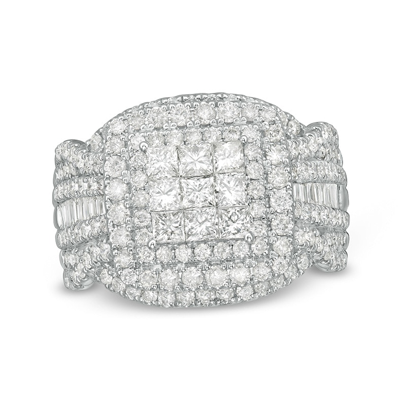 Main Image 1 of Previously Owned - 2 CT. T.W. Princess-Cut Composite Diamond Frame Multi-Row Engagement Ring in 10K White Gold