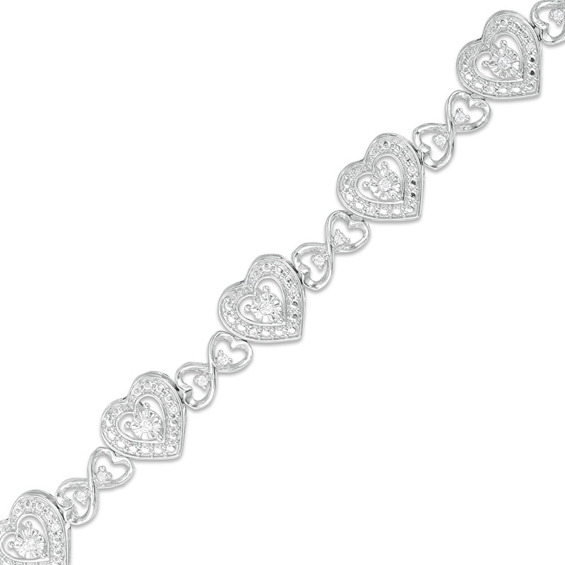Main Image 1 of Previously Owned - 1/4 CT. T.W. Diamond Hearts Line Bracelet in Sterling Silver