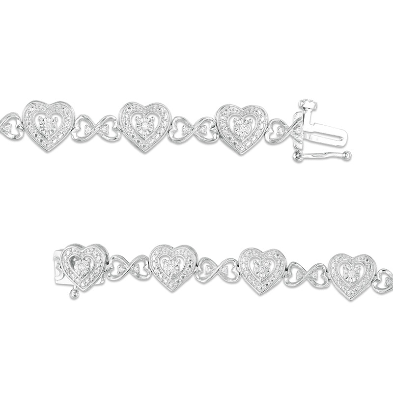 Main Image 3 of Previously Owned - 1/4 CT. T.W. Diamond Hearts Line Bracelet in Sterling Silver