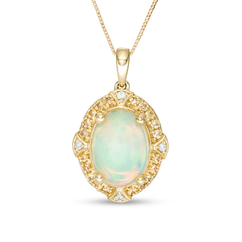 Previously Owned - Captivating Color Oval Opal, Spessartite and Diamond Accent Frame Drop Pendant in 14K Gold