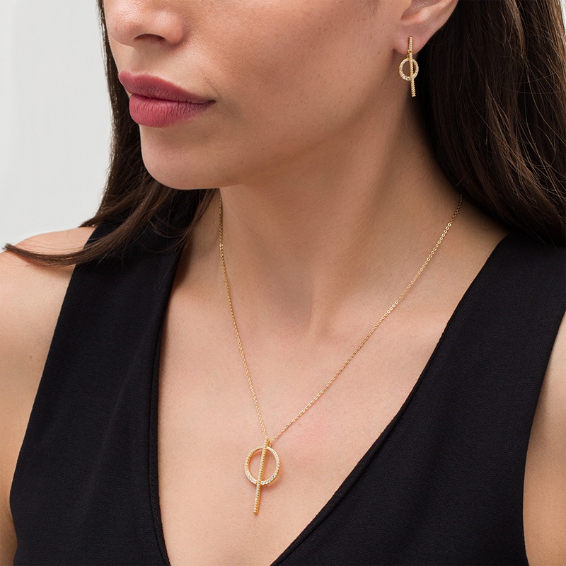 Main Image 2 of Previously Owned - Lab-Created White Sapphire Bar and Circle Necklace and Drop Earrings Set