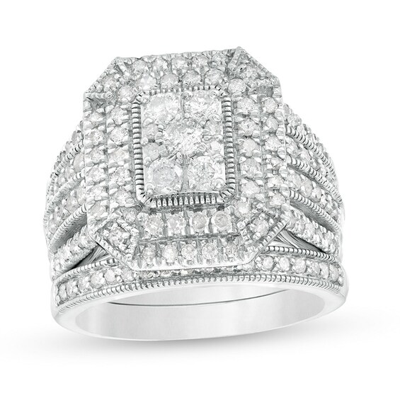 Previously Owned - 1-1/3 CT. T.w. Emerald Multi-Diamond Rectangle Frame Vintage-Style Bridal Set in 10K White Gold