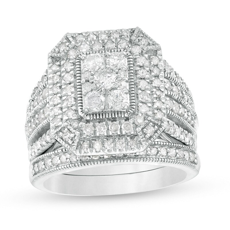 Main Image 1 of Previously Owned - 1-1/3 CT. T.W. Emerald Multi-Diamond Rectangle Frame Vintage-Style Bridal Set in 10K White Gold