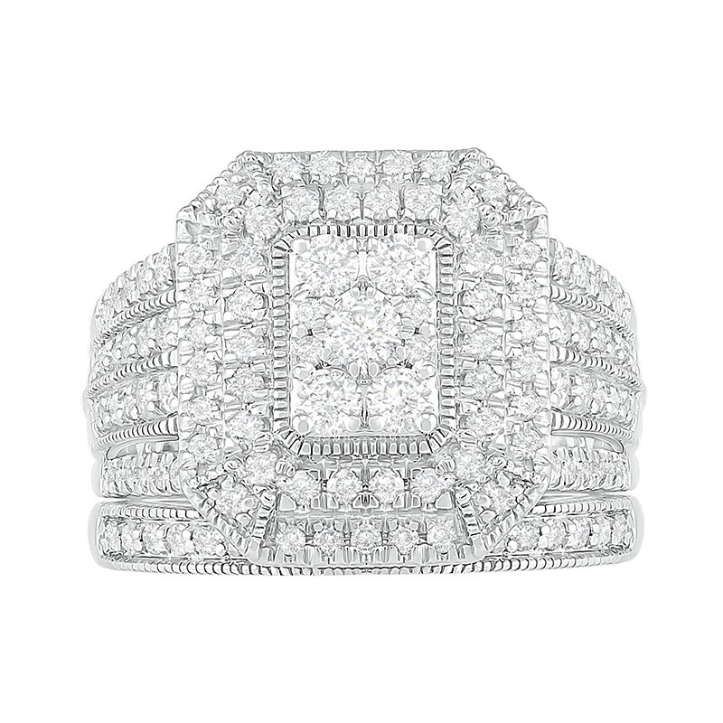 Main Image 4 of Previously Owned - 1-1/3 CT. T.W. Emerald Multi-Diamond Rectangle Frame Vintage-Style Bridal Set in 10K White Gold