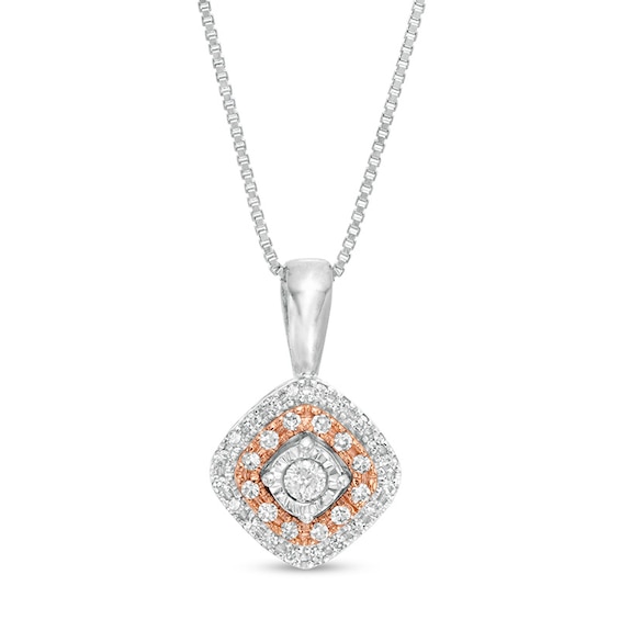 Previously Owned - 1/5 CT. T.w. Diamond Tilted Cushion Frame Pendant in Sterling Silver and 10K Rose Gold