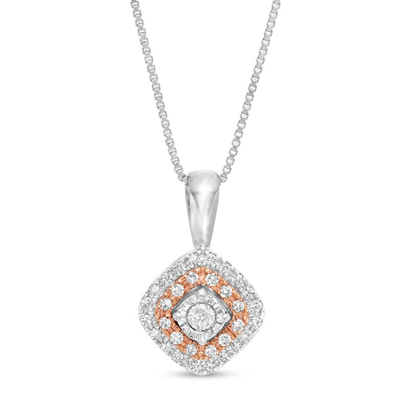 Main Image 1 of Previously Owned - 1/5 CT. T.W. Diamond Tilted Cushion Frame Pendant in Sterling Silver and 10K Rose Gold