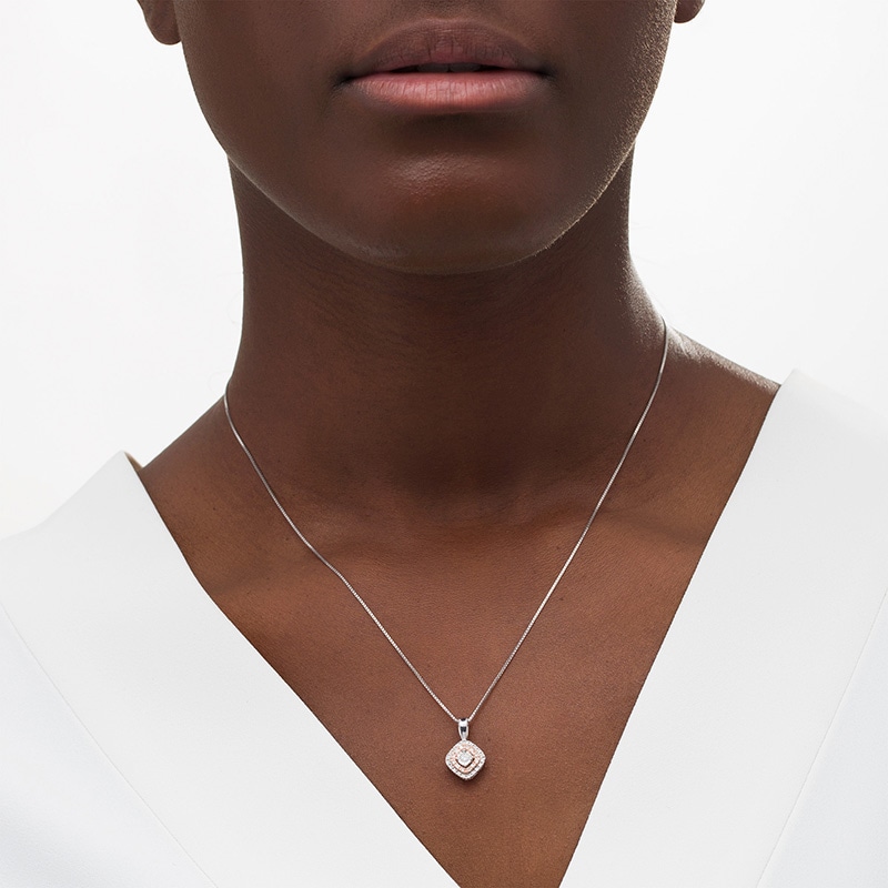Main Image 2 of Previously Owned - 1/5 CT. T.W. Diamond Tilted Cushion Frame Pendant in Sterling Silver and 10K Rose Gold