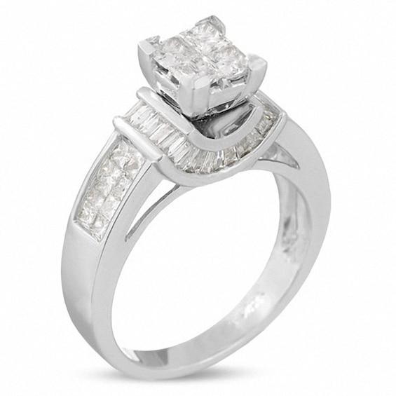 Previously Owned - 1-3/8 CT. T.w. Princess-Cut Composite Diamond Ring in 14K White Gold